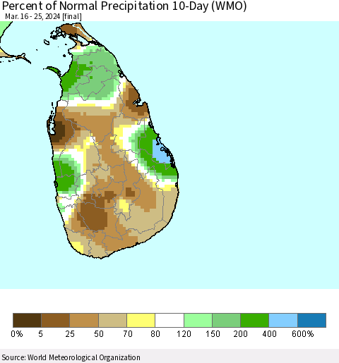 Sri Lanka Percent of Normal Precipitation 10-Day (WMO) Thematic Map For 3/16/2024 - 3/25/2024