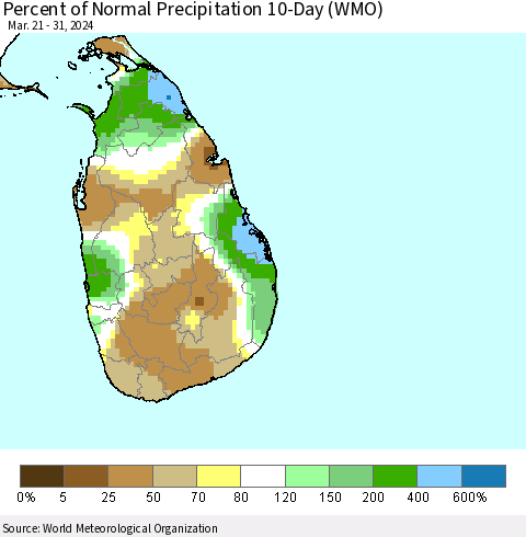 Sri Lanka Percent of Normal Precipitation 10-Day (WMO) Thematic Map For 3/21/2024 - 3/31/2024