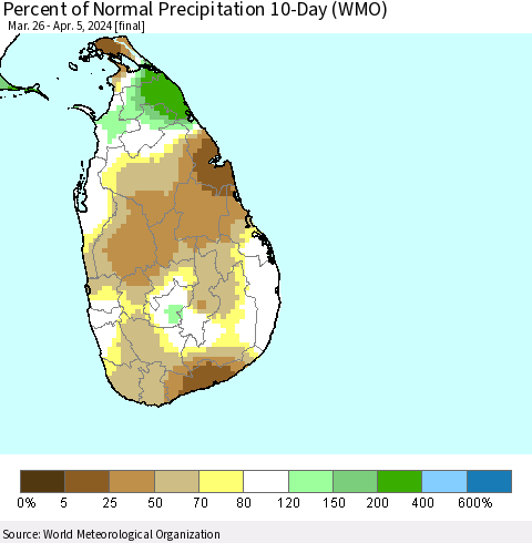 Sri Lanka Percent of Normal Precipitation 10-Day (WMO) Thematic Map For 3/26/2024 - 4/5/2024