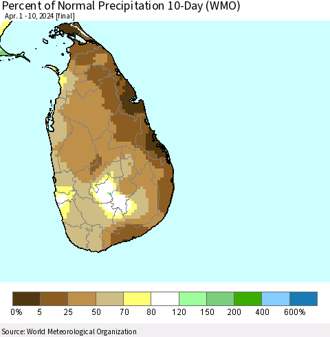Sri Lanka Percent of Normal Precipitation 10-Day (WMO) Thematic Map For 4/1/2024 - 4/10/2024