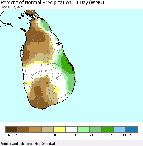 Sri Lanka Percent of Normal Precipitation 10-Day (WMO) Thematic Map For 4/6/2024 - 4/15/2024