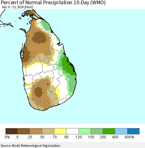 Sri Lanka Percent of Normal Precipitation 10-Day (WMO) Thematic Map For 4/6/2024 - 4/15/2024