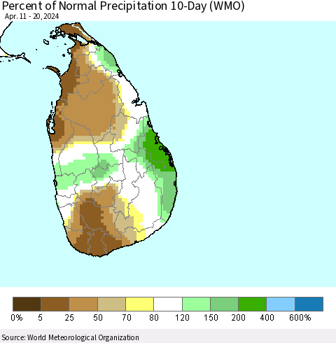 Sri Lanka Percent of Normal Precipitation 10-Day (WMO) Thematic Map For 4/11/2024 - 4/20/2024