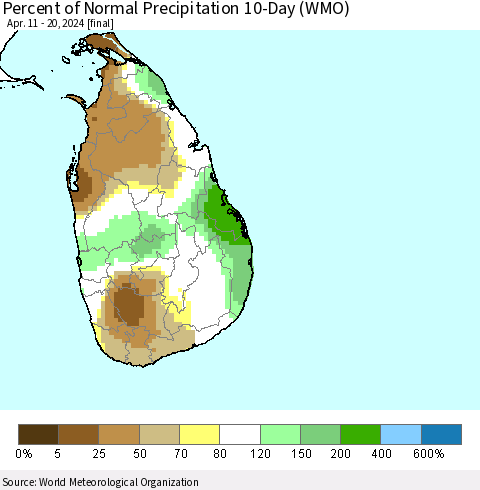 Sri Lanka Percent of Normal Precipitation 10-Day (WMO) Thematic Map For 4/11/2024 - 4/20/2024