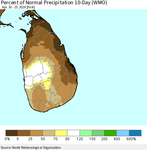 Sri Lanka Percent of Normal Precipitation 10-Day (WMO) Thematic Map For 4/16/2024 - 4/25/2024