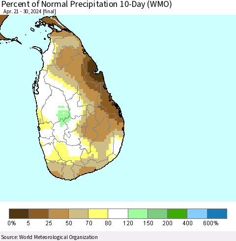 Sri Lanka Percent of Normal Precipitation 10-Day (WMO) Thematic Map For 4/21/2024 - 4/30/2024