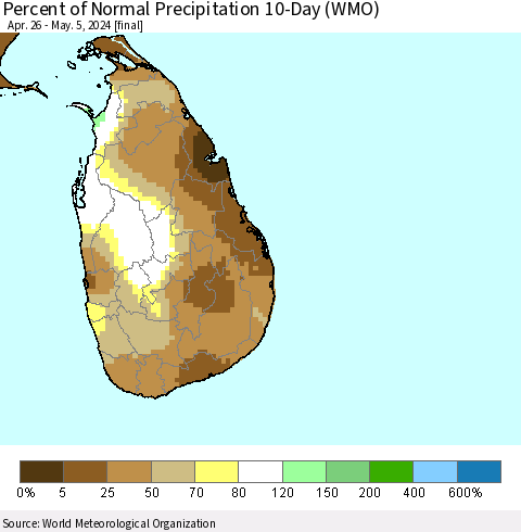 Sri Lanka Percent of Normal Precipitation 10-Day (WMO) Thematic Map For 4/26/2024 - 5/5/2024