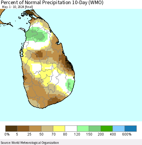 Sri Lanka Percent of Normal Precipitation 10-Day (WMO) Thematic Map For 5/1/2024 - 5/10/2024