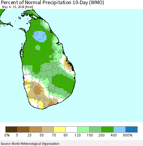 Sri Lanka Percent of Normal Precipitation 10-Day (WMO) Thematic Map For 5/6/2024 - 5/15/2024