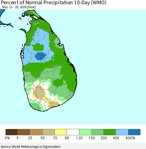 Sri Lanka Percent of Normal Precipitation 10-Day (WMO) Thematic Map For 5/11/2024 - 5/20/2024