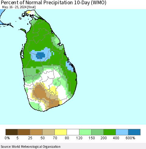 Sri Lanka Percent of Normal Precipitation 10-Day (WMO) Thematic Map For 5/16/2024 - 5/25/2024