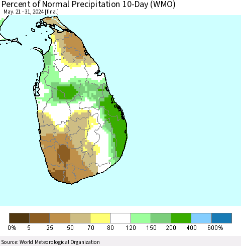 Sri Lanka Percent of Normal Precipitation 10-Day (WMO) Thematic Map For 5/21/2024 - 5/31/2024
