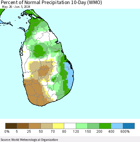 Sri Lanka Percent of Normal Precipitation 10-Day (WMO) Thematic Map For 5/26/2024 - 6/5/2024