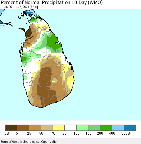Sri Lanka Percent of Normal Precipitation 10-Day (WMO) Thematic Map For 6/26/2024 - 7/5/2024