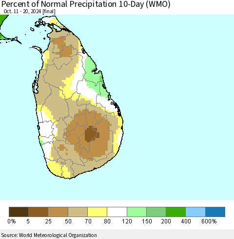 Sri Lanka Percent of Normal Precipitation 10-Day (WMO) Thematic Map For 10/11/2024 - 10/20/2024