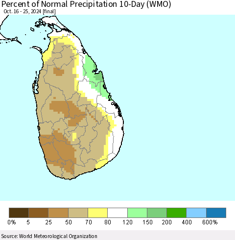 Sri Lanka Percent of Normal Precipitation 10-Day (WMO) Thematic Map For 10/16/2024 - 10/25/2024