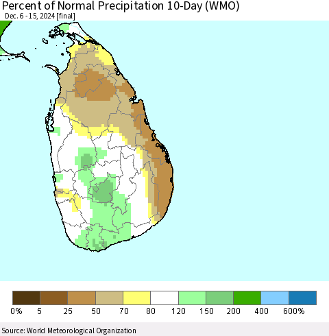 Sri Lanka Percent of Normal Precipitation 10-Day (WMO) Thematic Map For 12/6/2024 - 12/15/2024