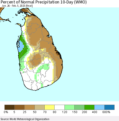 Sri Lanka Percent of Normal Precipitation 10-Day (WMO) Thematic Map For 1/26/2025 - 2/5/2025