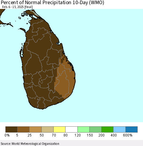 Sri Lanka Percent of Normal Precipitation 10-Day (WMO) Thematic Map For 2/6/2025 - 2/15/2025