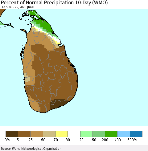 Sri Lanka Percent of Normal Precipitation 10-Day (WMO) Thematic Map For 2/16/2025 - 2/25/2025