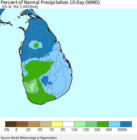 Sri Lanka Percent of Normal Precipitation 10-Day (WMO) Thematic Map For 2/26/2025 - 3/5/2025