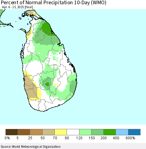 Sri Lanka Percent of Normal Precipitation 10-Day (WMO) Thematic Map For 4/6/2025 - 4/15/2025