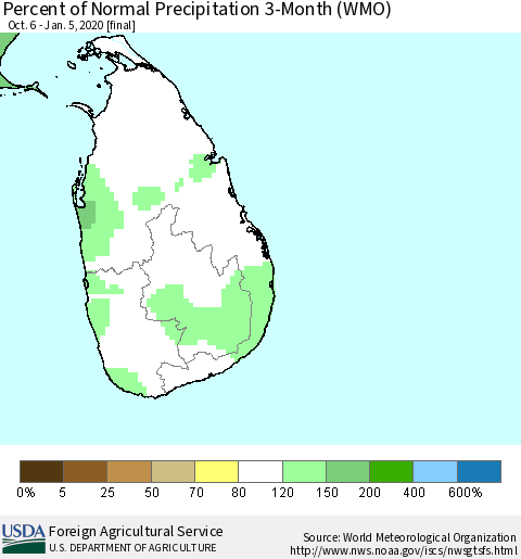 Sri Lanka Percent of Normal Precipitation 3-Month (WMO) Thematic Map For 10/6/2019 - 1/5/2020