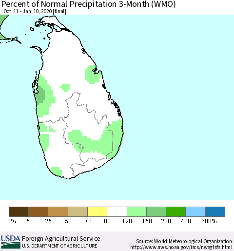 Sri Lanka Percent of Normal Precipitation 3-Month (WMO) Thematic Map For 10/11/2019 - 1/10/2020