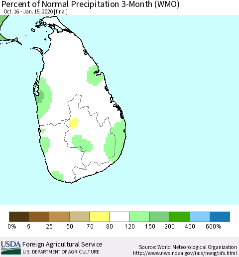 Sri Lanka Percent of Normal Precipitation 3-Month (WMO) Thematic Map For 10/16/2019 - 1/15/2020