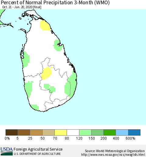 Sri Lanka Percent of Normal Precipitation 3-Month (WMO) Thematic Map For 10/21/2019 - 1/20/2020
