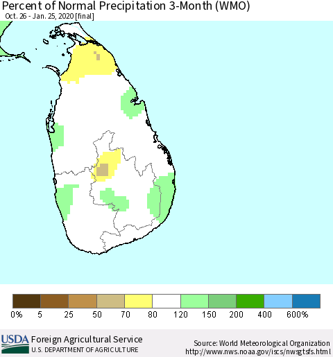 Sri Lanka Percent of Normal Precipitation 3-Month (WMO) Thematic Map For 10/26/2019 - 1/25/2020