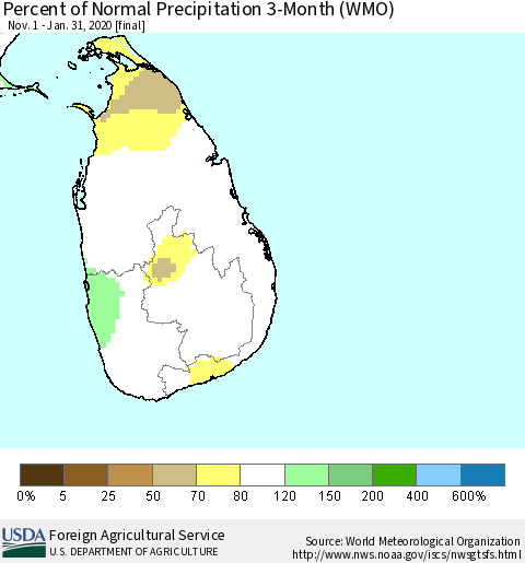Sri Lanka Percent of Normal Precipitation 3-Month (WMO) Thematic Map For 11/1/2019 - 1/31/2020