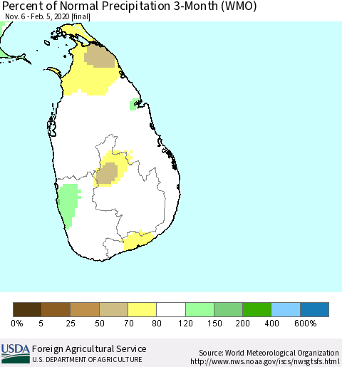 Sri Lanka Percent of Normal Precipitation 3-Month (WMO) Thematic Map For 11/6/2019 - 2/5/2020