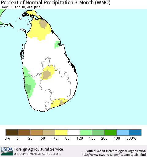 Sri Lanka Percent of Normal Precipitation 3-Month (WMO) Thematic Map For 11/11/2019 - 2/10/2020