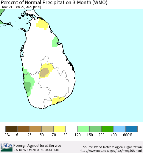 Sri Lanka Percent of Normal Precipitation 3-Month (WMO) Thematic Map For 11/21/2019 - 2/20/2020