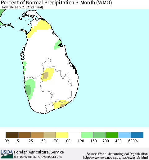 Sri Lanka Percent of Normal Precipitation 3-Month (WMO) Thematic Map For 11/26/2019 - 2/25/2020