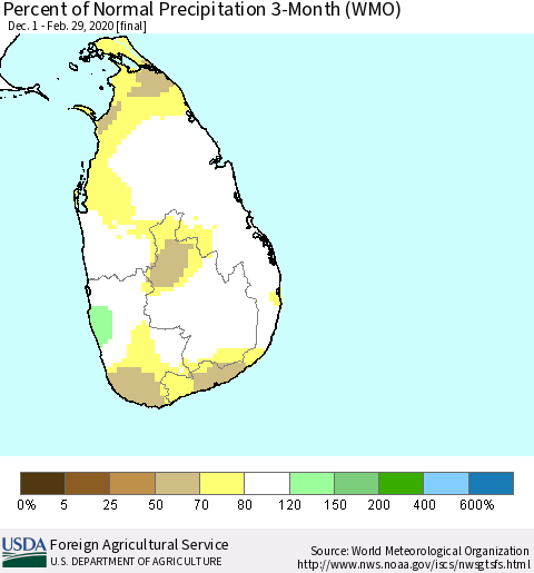 Sri Lanka Percent of Normal Precipitation 3-Month (WMO) Thematic Map For 12/1/2019 - 2/29/2020