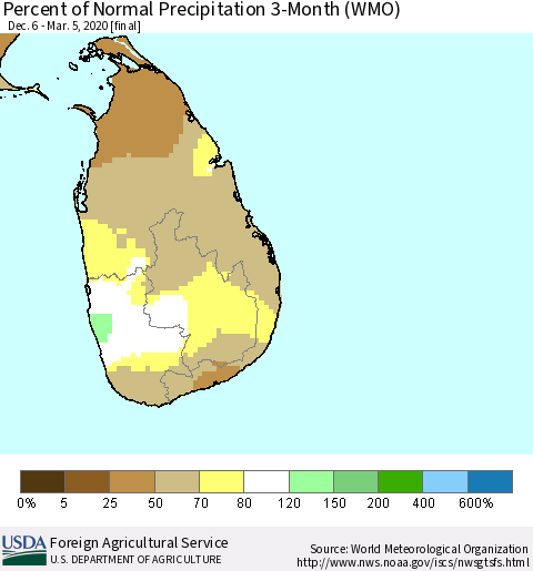 Sri Lanka Percent of Normal Precipitation 3-Month (WMO) Thematic Map For 12/6/2019 - 3/5/2020