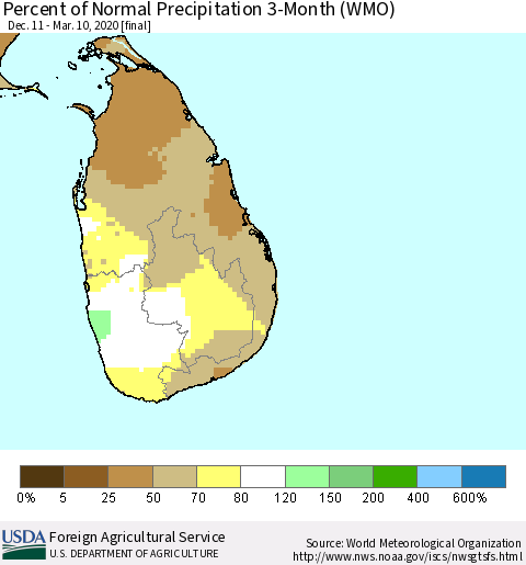 Sri Lanka Percent of Normal Precipitation 3-Month (WMO) Thematic Map For 12/11/2019 - 3/10/2020