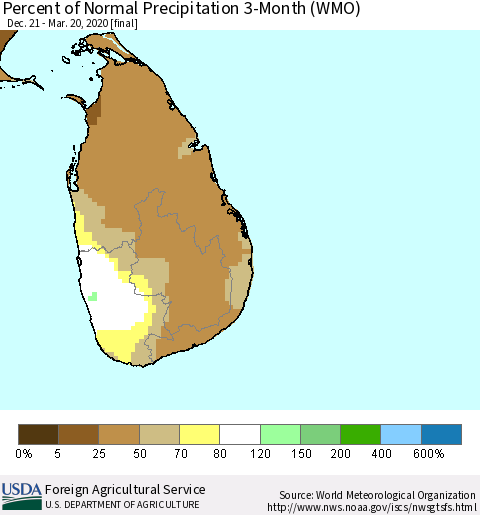 Sri Lanka Percent of Normal Precipitation 3-Month (WMO) Thematic Map For 12/21/2019 - 3/20/2020