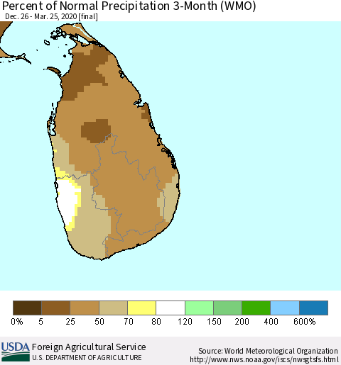 Sri Lanka Percent of Normal Precipitation 3-Month (WMO) Thematic Map For 12/26/2019 - 3/25/2020