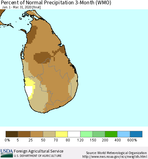 Sri Lanka Percent of Normal Precipitation 3-Month (WMO) Thematic Map For 1/1/2020 - 3/31/2020