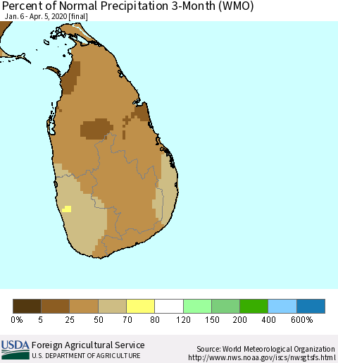 Sri Lanka Percent of Normal Precipitation 3-Month (WMO) Thematic Map For 1/6/2020 - 4/5/2020