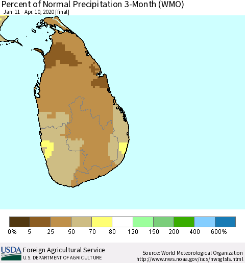 Sri Lanka Percent of Normal Precipitation 3-Month (WMO) Thematic Map For 1/11/2020 - 4/10/2020
