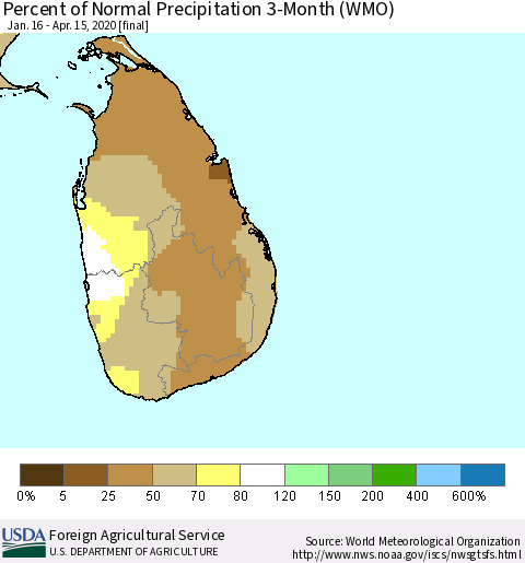 Sri Lanka Percent of Normal Precipitation 3-Month (WMO) Thematic Map For 1/16/2020 - 4/15/2020