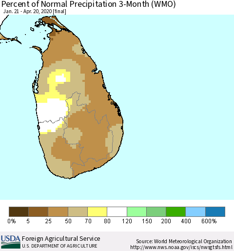 Sri Lanka Percent of Normal Precipitation 3-Month (WMO) Thematic Map For 1/21/2020 - 4/20/2020