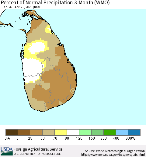 Sri Lanka Percent of Normal Precipitation 3-Month (WMO) Thematic Map For 1/26/2020 - 4/25/2020