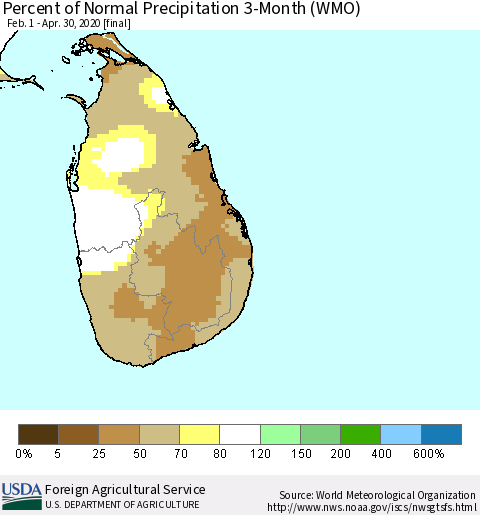Sri Lanka Percent of Normal Precipitation 3-Month (WMO) Thematic Map For 2/1/2020 - 4/30/2020