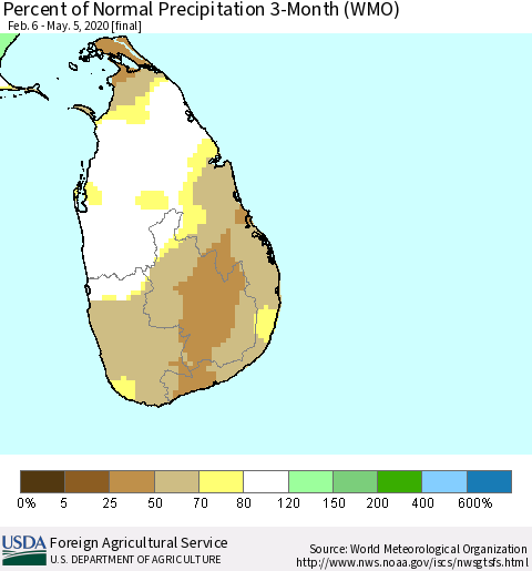 Sri Lanka Percent of Normal Precipitation 3-Month (WMO) Thematic Map For 2/6/2020 - 5/5/2020