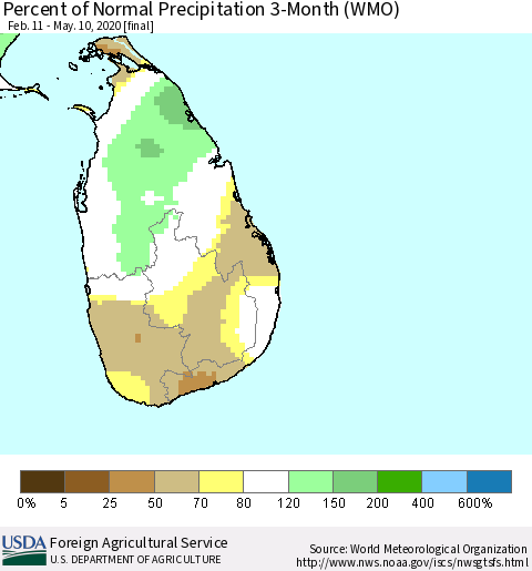 Sri Lanka Percent of Normal Precipitation 3-Month (WMO) Thematic Map For 2/11/2020 - 5/10/2020